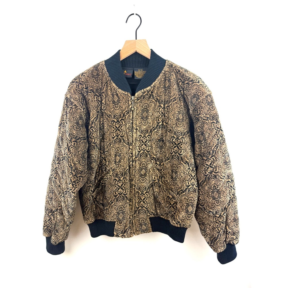 Lizsport‎ Vintage Bomber Jacket Gold Black Patterned Petite Small